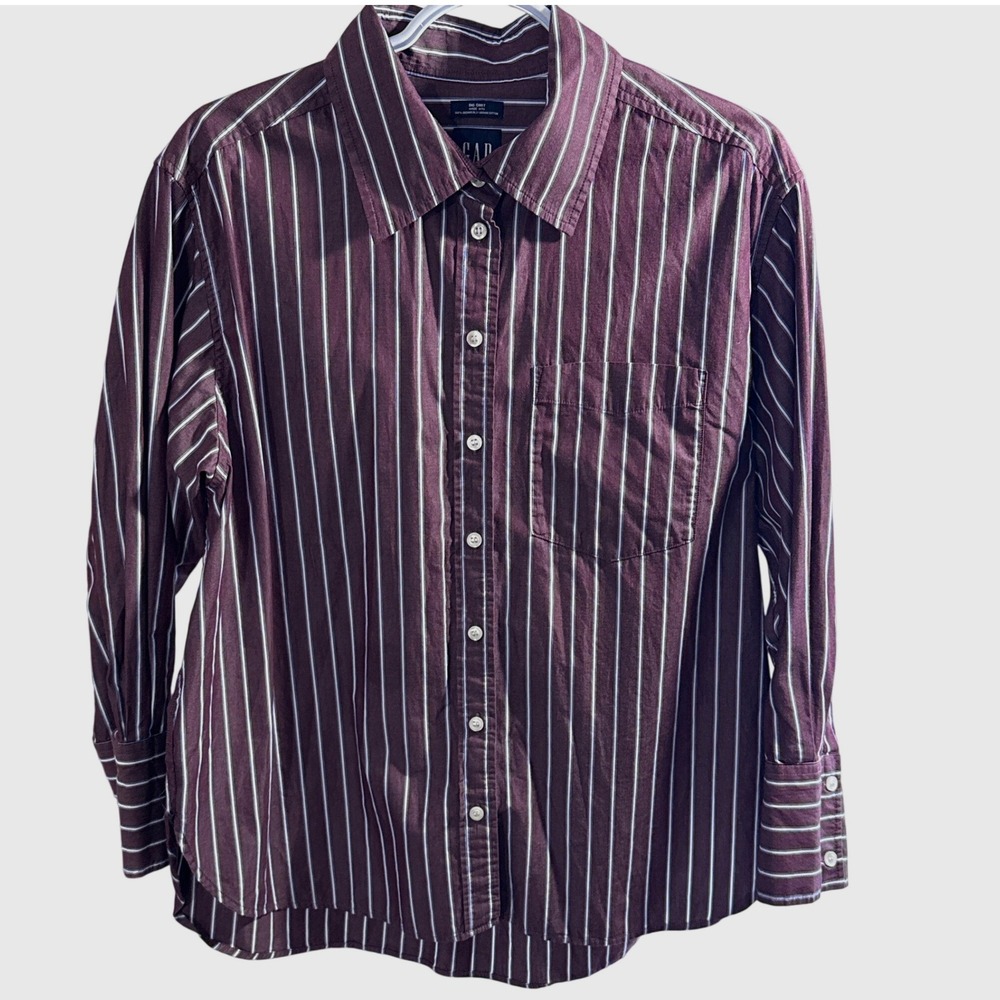 Gap Big Shirt Women Medium Petite Burgundy Striped Organic Cotton Button Down